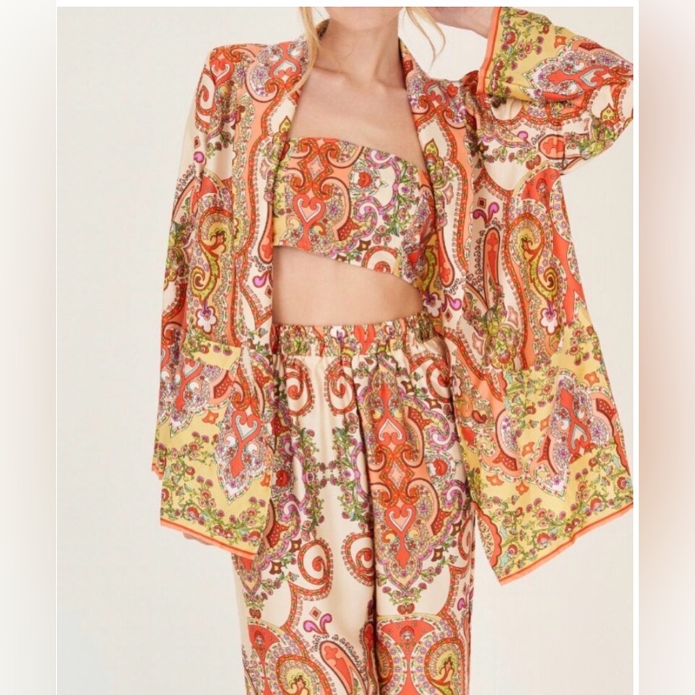 Paisley Print Three-Piece Set in Cream and Orange
